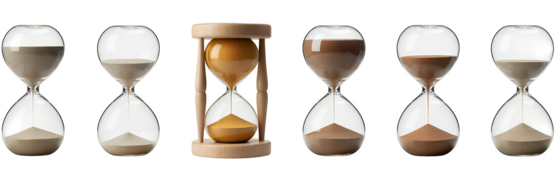 Collection of hourglasses with sand flowing on black sand timer isolated on a transparent background