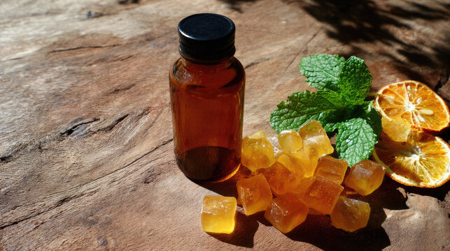 Halal vitamin gummies bottle with amber glass container, fresh mint leaves and dried orange slices on rustic wooden table, healthy supplement concept