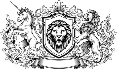 Heraldic coat of arms with lion and unicorn supporters shield with lion head engraving style vintage emblem for royal luxury ©  JB Creative.