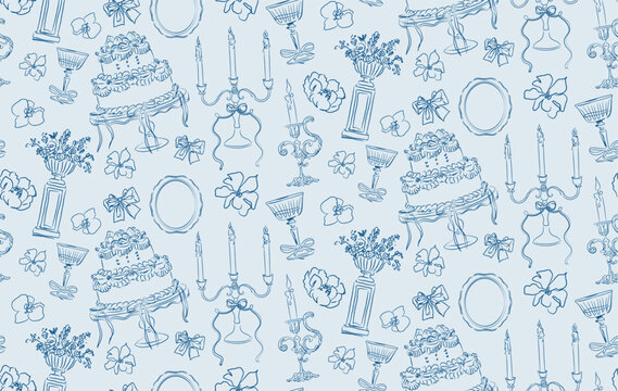 Vintage tea party seamless pattern, blue toile de jouy style background with cakes, candelabras and flowers, coquette aesthetic wallpaper vector