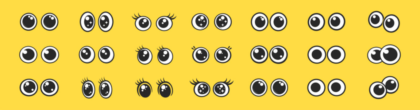 Cute cartoon eyes set, funny expressive eyeball characters, kawaii emoji style, simple minimal vector illustration collection