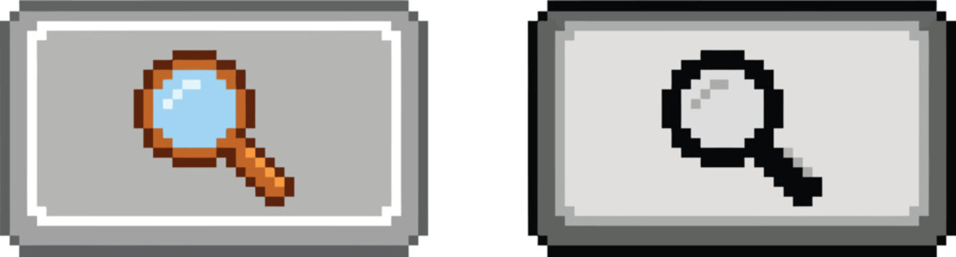 Two pixel art magnifying glass icons, one with a brown handle and blue lens, the other with a black outline, both on grey backgrounds.