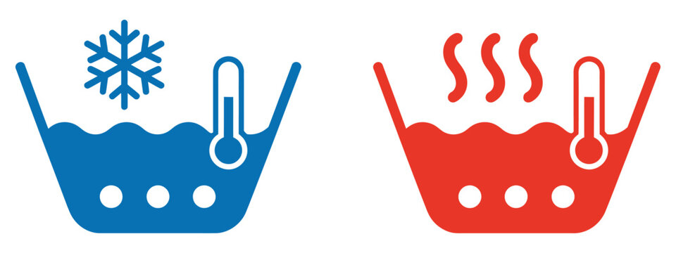 Hot and cold water icon set, water temperature symbols, hot water flame icon, cold water snowflake icon, bathroom and kitchen utility illustration, clean line style, vector