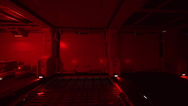 Red emergency cargo bay interior, dimly lit metal floor and support beams, stacked crates and consoles, control panels glowing, foggy atmosphere with pulsing