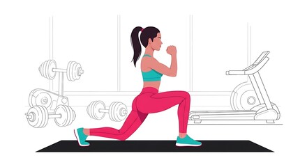 Fototapeta premium Woman in gym attire, doing a lunge exercise on a mat, with exercise equipment in the background