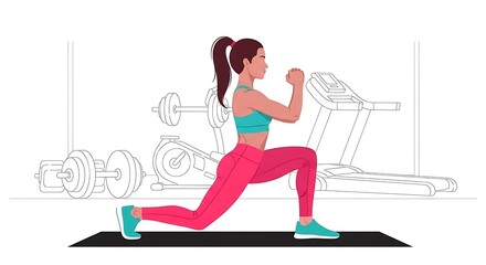 Fototapeta premium Woman in sportswear performs a lunge in a gym setting with workout equipment in the background