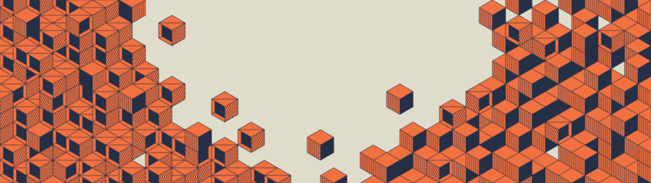 Abstract 3D block puzzle pattern with orange and Navy Blue cubes with different textures, Architecture vector isometric ornament, Brutalist geometric modular structure composition of square containers