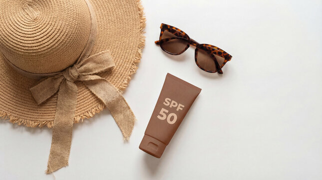 Flat lay photo of straw hat, sunglasses, sunscreen on white background, summer lifestyle, copy space.