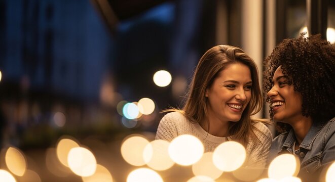 Two cheerful women friends laughing and talking happily outdoors at night with bokeh lights, enjoying conversation and connection at a restaurant