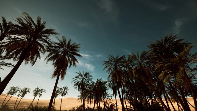 sunset palms silhouetted against desert sky, cinematic lowangle shots of tall trunks and feathery fronds, warm golden light casting long shadows across sand
