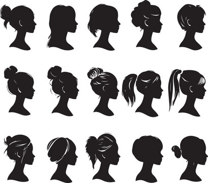 Collection of female hairstyle silhouettes.