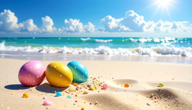 Three speckled colorful easter eggs lying on a tropical sandy beach with turquoise ocean waves and blue sky in the background, concept of holiday travel and vacation