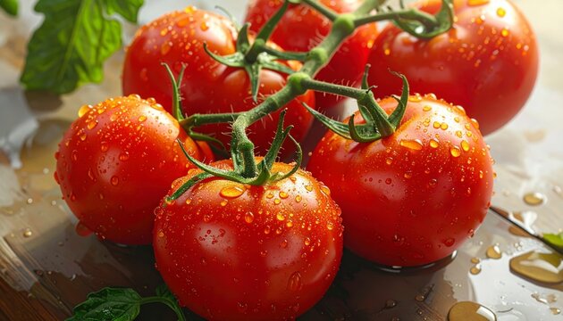Ripe red tomatoes on vine with water drops, basil leaves, fresh organic produce still life on wooden surface, healthy food closeup.