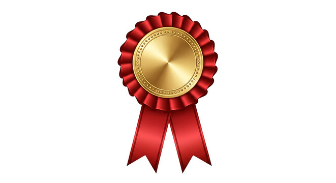 Golden award rosette with red ribbon isolated on white background symbolizing achievement and excellence in competitions