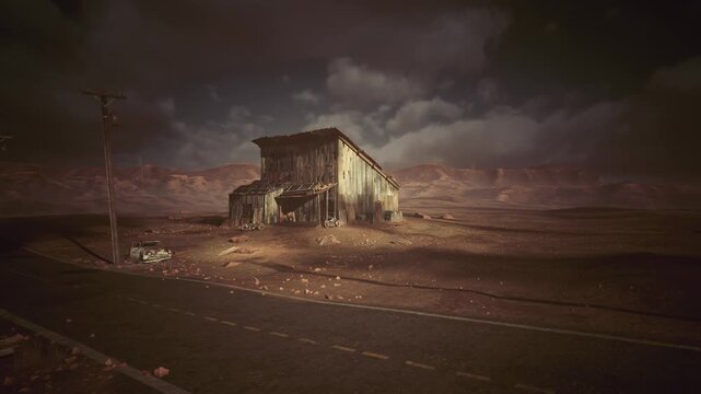 lonely highway shack lit by lightning, isolated roadside shelter near cracked asphalt, leaning utility pole and scattered debris, dramatic clouds rolling