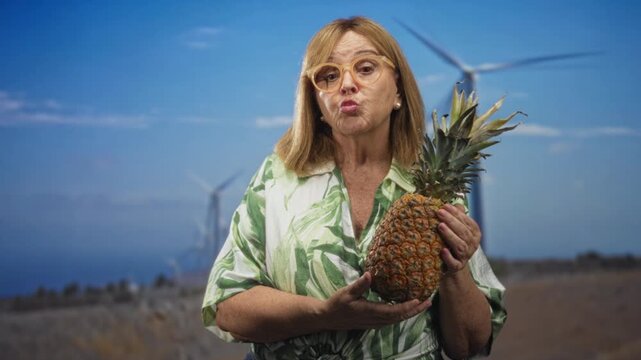 Senior woman puckers lips holding pineapple with hands visible, wearing green leaf shirt against wind turbines backdrop in studio; playful curiosity.