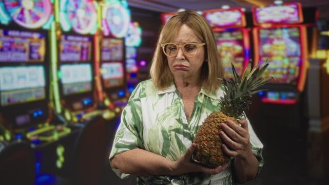 Middle aged woman wearing glasses and a tropical shirt holding a pineapple and pouting amid colorful slot machines in studio; disappointment.