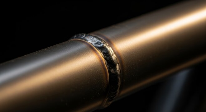 Close-up of metal pipe welding joint with precise details