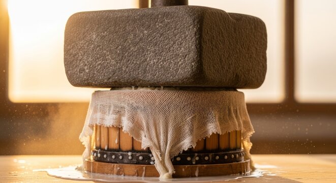Traditional apple cider press with flowing juice at sunrise