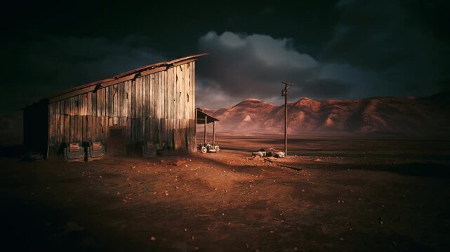 lonely wooden shack in desert under stormy clouds at dusk, weathered planks, telephone pole, scattered debris, distant red mountains, moody lighting, cinematic