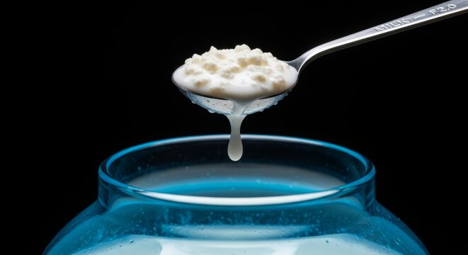 Spoonful of kefir grains over glass jar against dark background