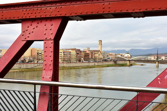 view from pedestrian bridge towards town Tortosa,Spain