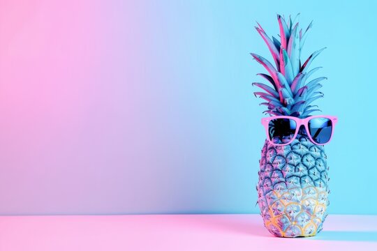 A quirky pineapple wearing sunglasses sits against a backdrop of pastel colors, capturing a fun and playful vibe that represents summer relaxation and enjoyment at the beach or poolside.