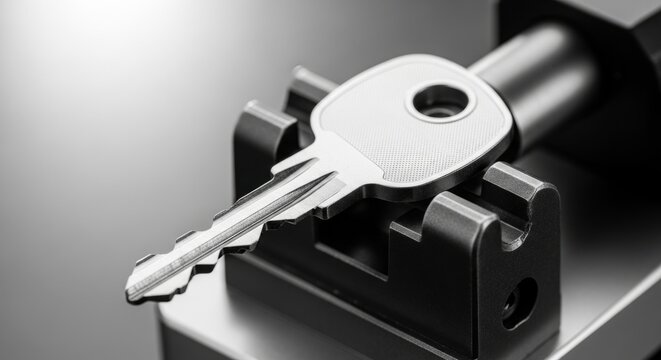 Close-up of metal key in modern key cutting machine