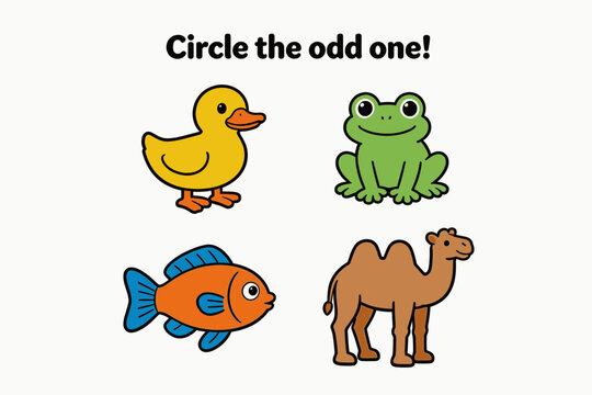 Colorful animals in a game for children featuring duck, frog, fish, camel  