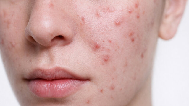 Close up facial skin with acne pimples and redness dermatology skincare concern pores inflammation texture human face detail.