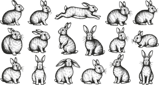 Big collection of rabbit sketches. Transparent background EPS version.