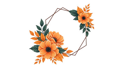 Vibrant orange flowers and green leaves in a geometric brown wreath frame isolated on white background