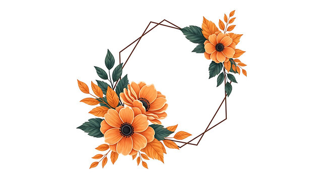 Vibrant orange flowers and green leaves in a geometric brown wreath frame isolated on white background