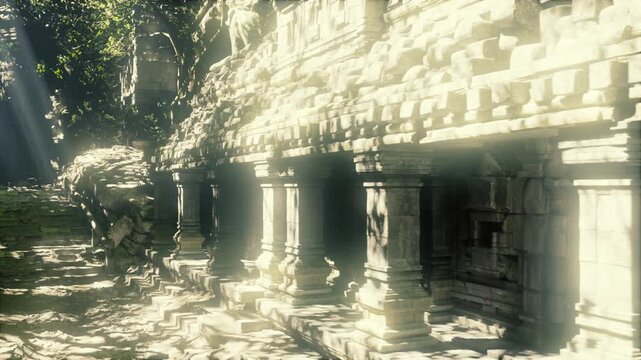 twilight stone temple colonnade glowing with golden dusk light pilgrim pauses at carved archway, archaeologist traces erosion patterns, storyteller murmurs
