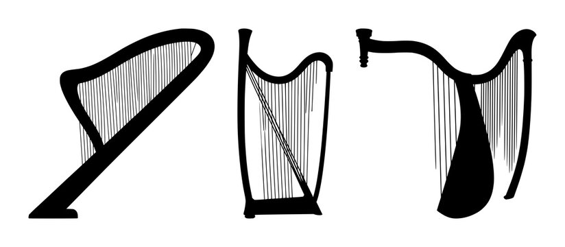 Harp silhouette set with single black line outline on white background featuring musical instrument, string, music with silhouette and black and white