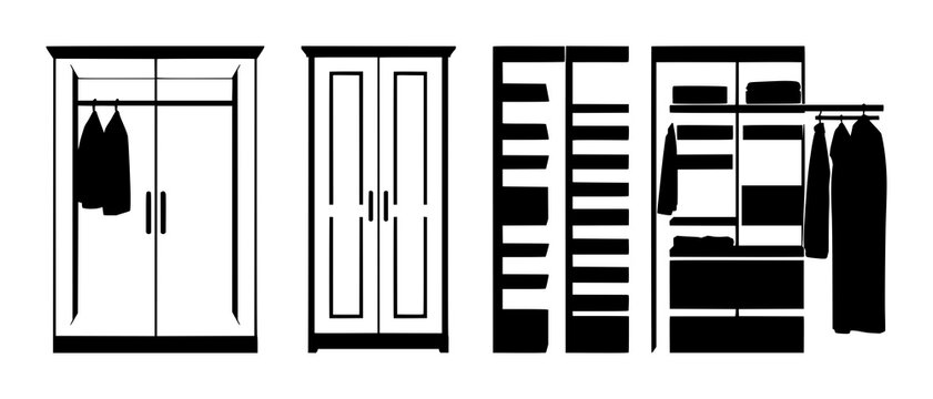Wardrobe closet silhouette set with single line black and white illustration featuring wardrobe, closet, fashion storage with interior design and minimalist style