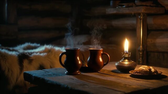 Steaming mugs and oil lamp on rustic wooden table in warm cabin interior, atmospheric style on dim background, concept of comfort