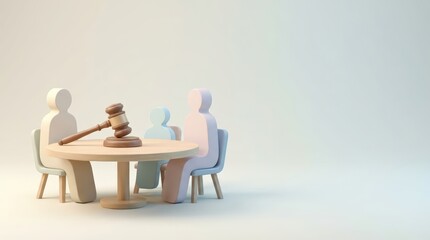 Fototapeta premium Minimal Illustration of Wooden Gavel and Abstract Silhouettes