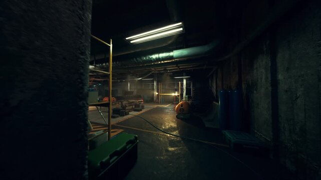 warm lit service corridor with piping and barrels, wet floor reflections, industrial shelving, procedural maintenance mood, late shift atmosphere