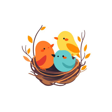 Birds in Nest Illustration: Cute Bird Family in Cartoon Style, Cheerful Springtime Scene. Vector Art for Children's Designs, Easter Decor, and Animated Projects. 2D Graphic Element.