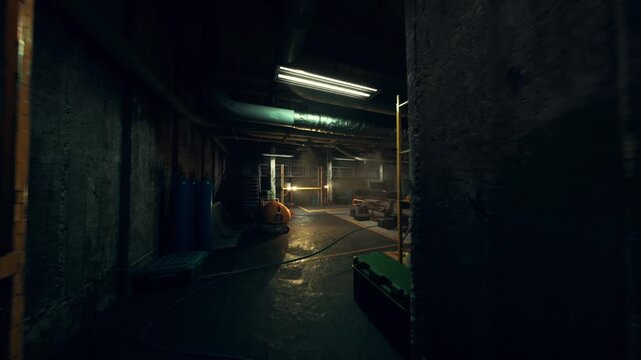 narrow service corridor with distant light, pipes and conduits hug walls, damp concrete and rusted fixtures suggest long neglect, inspector route ends