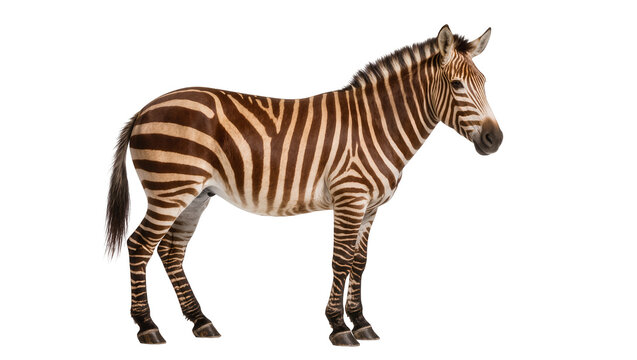 Burchell s zebra standing profile with dark brown and black stripes, isolated on transparent background for wildlife design