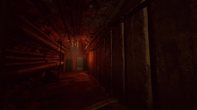 Dark rusted corridor lined with pipes, flickering orange light, hanging insulation, grime coated walls, dripping ceiling, distant exit, tense cinematic