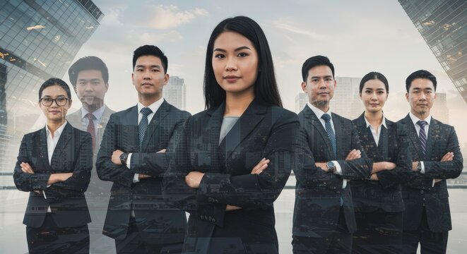 Business team standing together confidently.