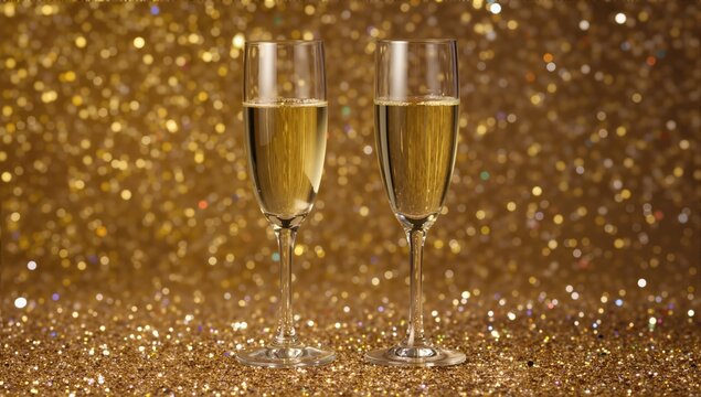 Two champagne glasses on festive glitter background, Happy New Year concept , Copy space, slow mooving video
