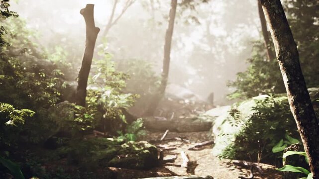 Sunlit forest trail with morning fog, dappled beams filtering through tall trunks, ferns lining rocky path, quiet breeze and soft glow create inviting