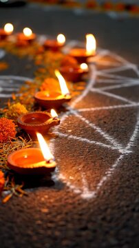 Row of traditional clay diyas lit for Diwali festival celebration.