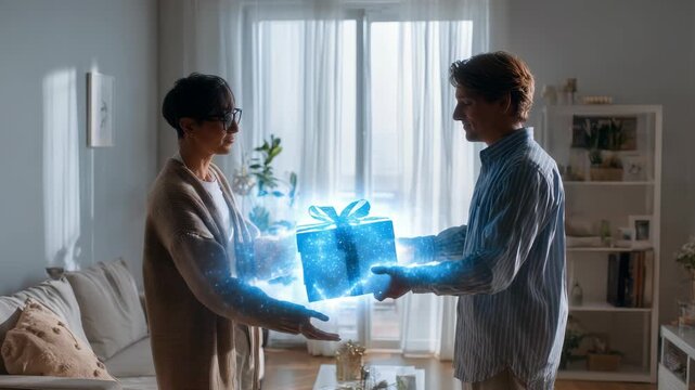 Man, woman stand facing each other, sharing luminous virtual present in sunlit home interior. Sparkling blue effects emphasize innovation, connection, joy surprises in digital age
