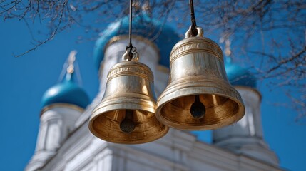 Fototapeta premium spring celebration, golden church bells ring against a clear blue spring sky, with a low-angle, powerful shot conveying celebration and the start of spring
