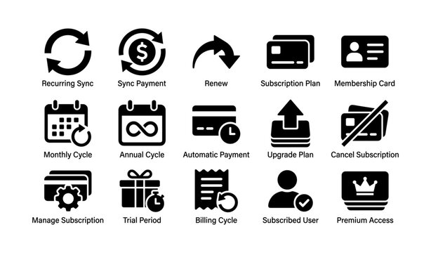 Subscription management icons: recurring billing, sync, upgrade, membership, payment